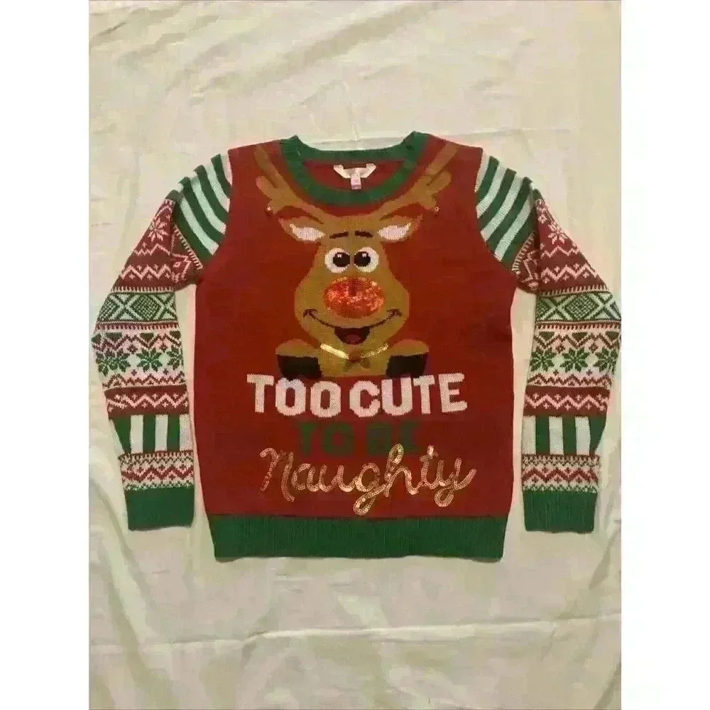 Ugly Christmas Sweater Girls Size M 7-9‎ No Boundaries Reindeer Sequin Cute Fun